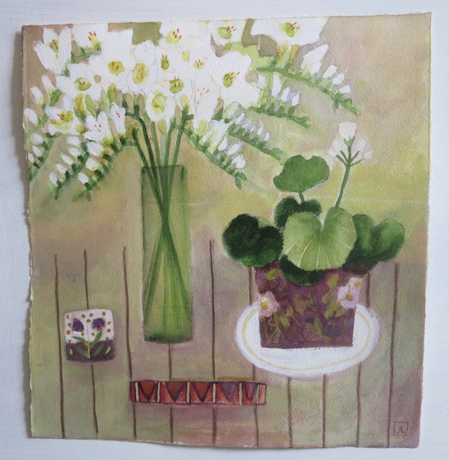 Jill Leman /Flowers on my table/Acrylic on paper/36x36cm